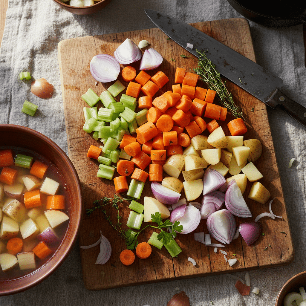 Chopped onions, carrots, celery, and potatoes on a wooden board with herbs, knife, and bowl for cooking preparation.