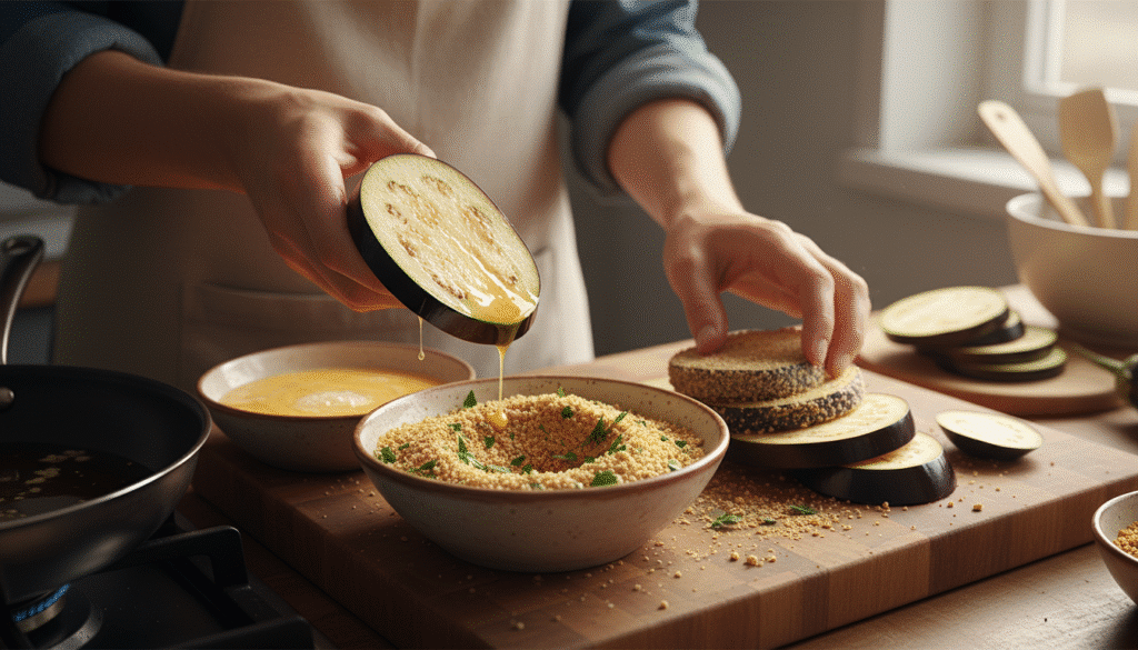 Person preparing breaded eggplant slices with bowls of crumbs and egg mixture on a kitchen counter.