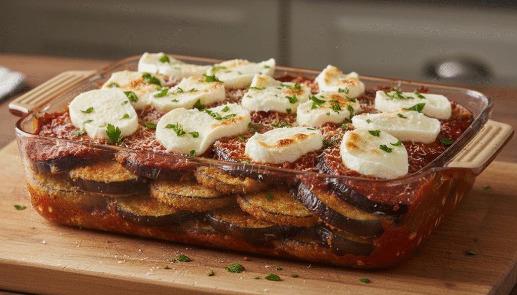 Delicious homemade eggplant parmesan layered with cheese and tomato sauce in a baking dish.