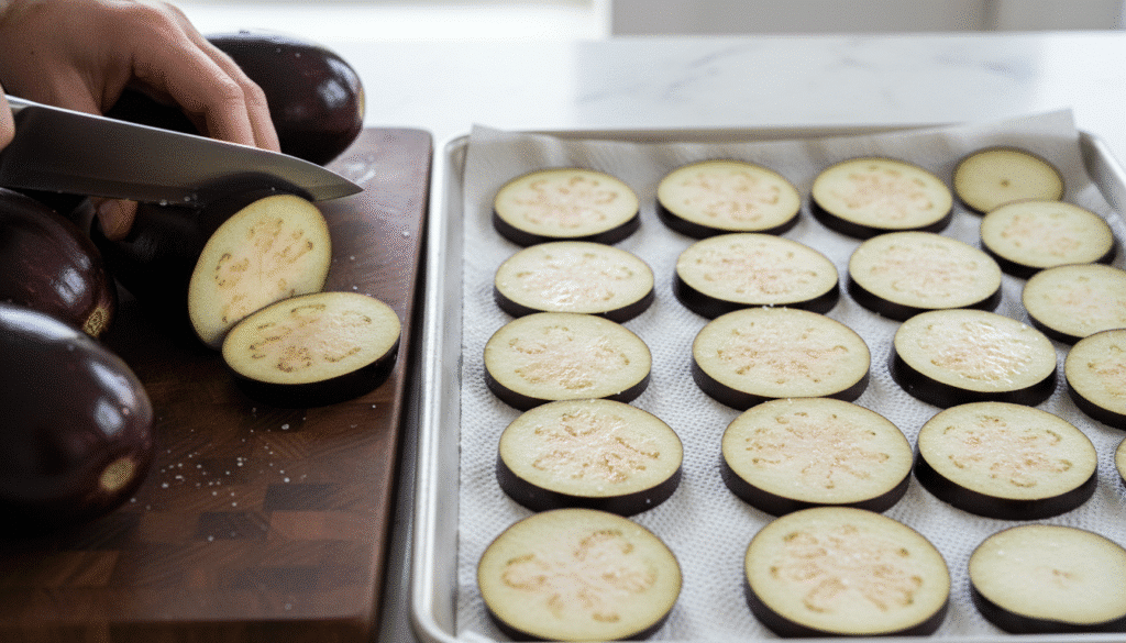 Sliced eggplant on cutting board being salted, prepared for cooking on a tray.