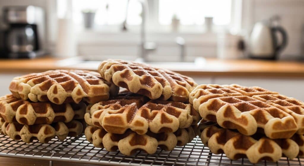 Fresh golden waffles stacked on a cooling rack in a cozy kitchen setting.