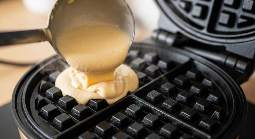 Pouring waffle batter onto a hot waffle iron for a delicious homemade breakfast.