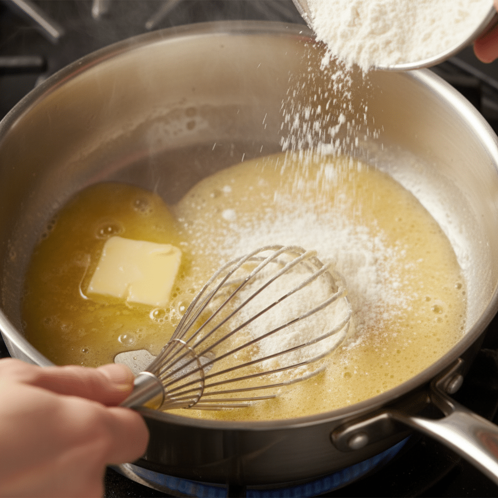 Whisking flour into melted butter in a saucepan for a roux on a stovetop.