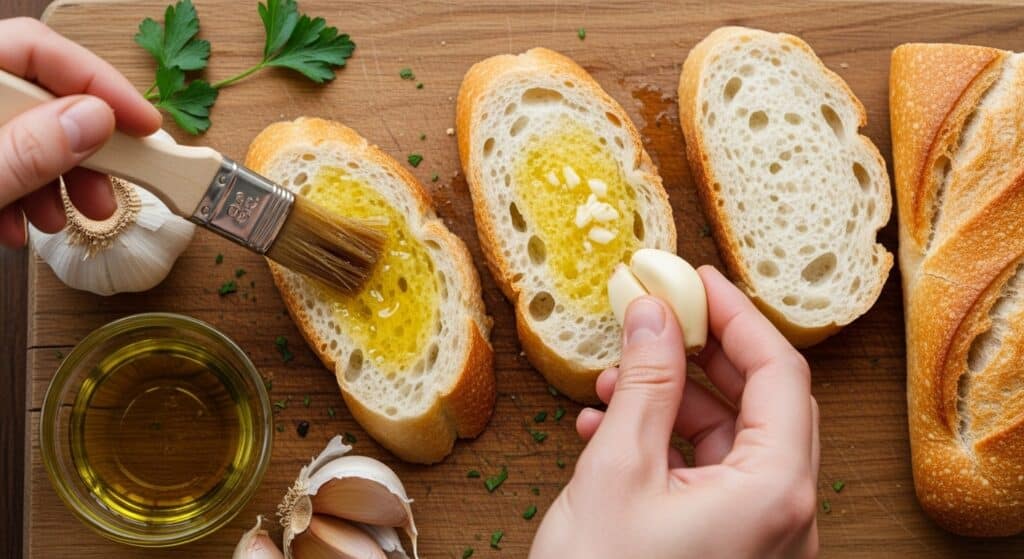 Preparing garlic bread with olive oil, fresh garlic, and herbs on wooden board. Brushes on slices for flavor.