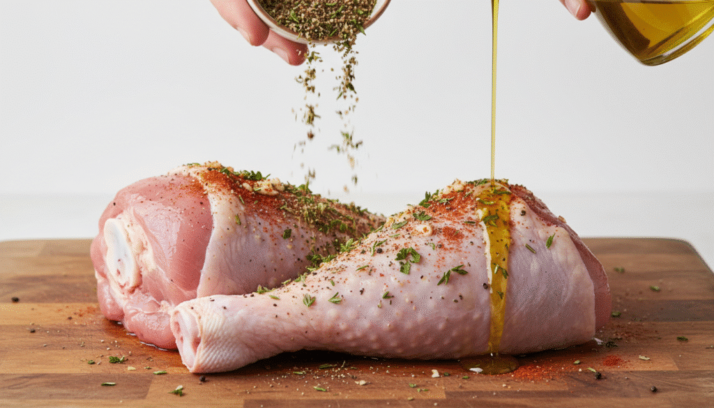 Raw chicken legs seasoned with herbs and oil on a wooden board, ready for cooking.