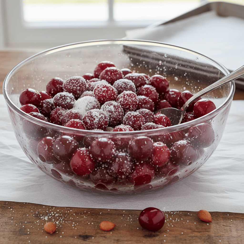 Bowl of sugared cherries ready for baking on a kitchen counter.