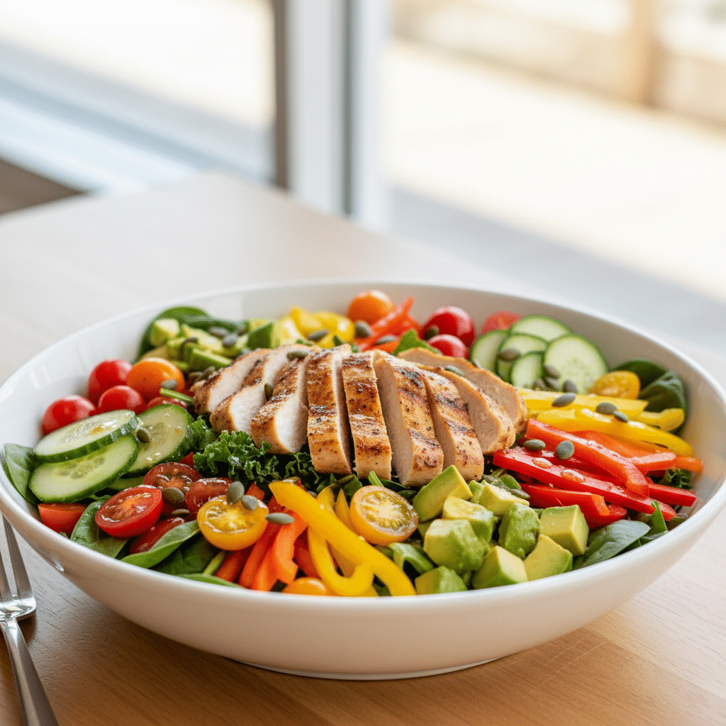 unleash_the_power_of_flavor__your_ultimate_weight_loss_salad_ - Delicious Weight Loss Salads: The Rainbow Power Bowl Healthy salad with grilled chicken, colorful bell peppers, avocado, tomatoes, cucumber, served in a white bowl.