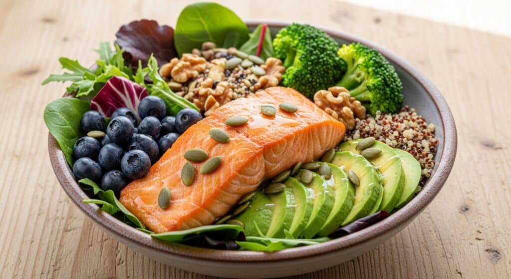 Healthy bowl with salmon, blueberries, avocado, quinoa, greens, broccoli, walnuts, and pumpkin seeds on a wooden table.