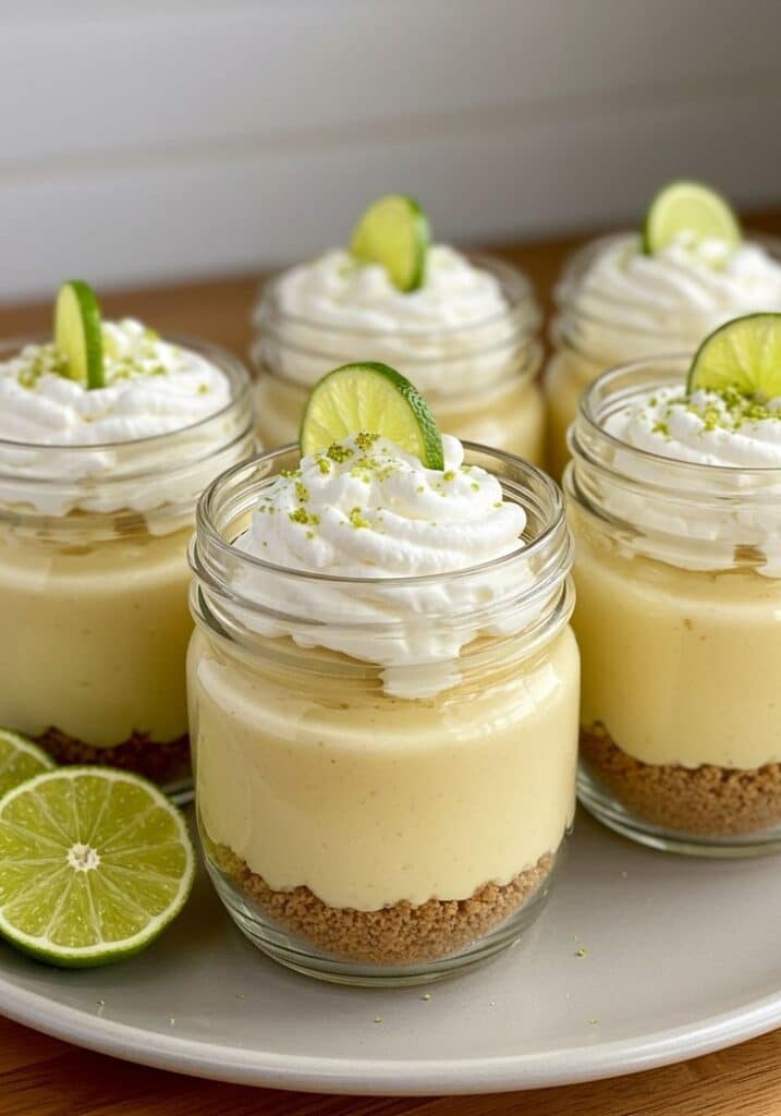 Key lime pie parfaits in jars with whipped cream and lime slices on top, served on a plate.