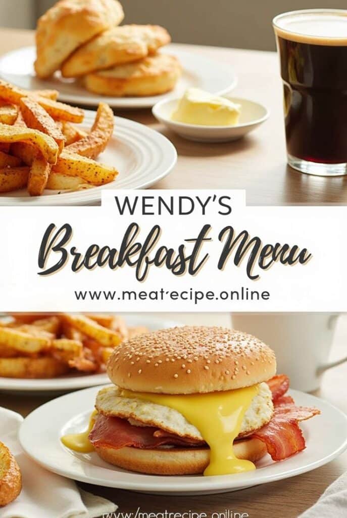 Delicious breakfast sandwich with bacon and egg, fries, biscuits, and coffee from Wendy's Breakfast Menu.