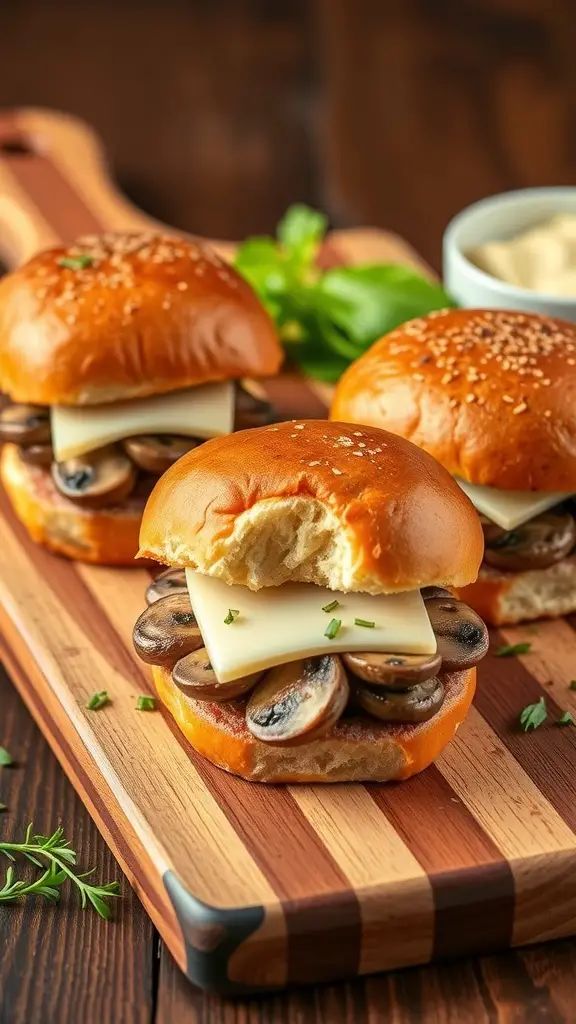 Fresh gourmet sliders with mushrooms and cheese on a wooden board, garnished with herbs.