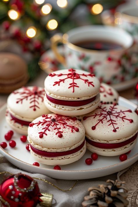 Festive holiday macarons with red snowflake design on a plate, surrounded by decorations and a teacup in the background.