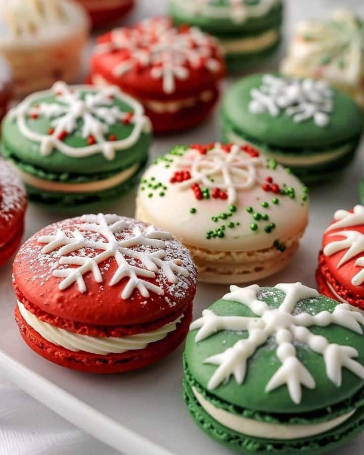 Festive macarons with snowflake and sprinkle designs in red, green, and white, perfect for holiday celebrations.