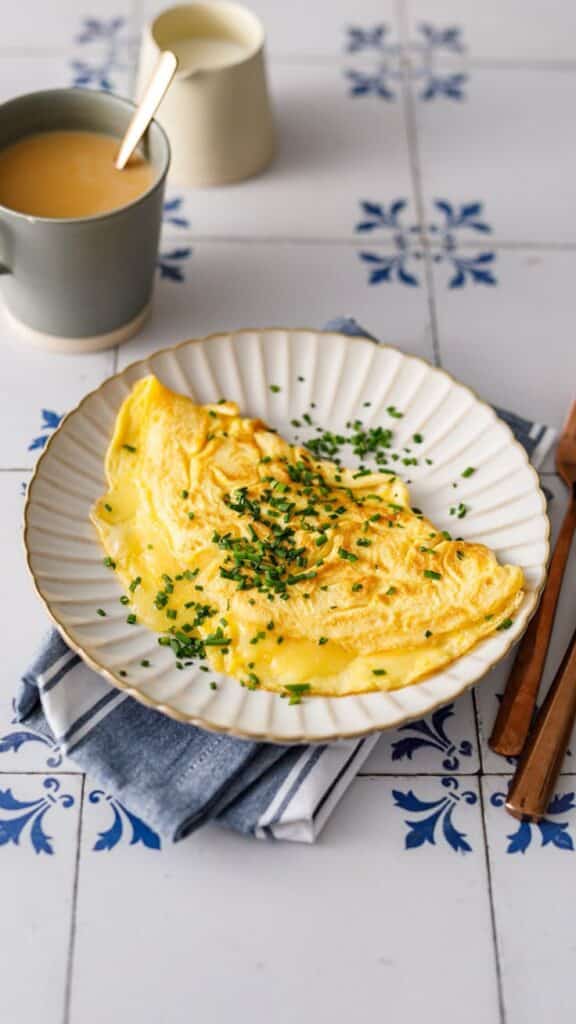 Fluffy cheese omelette garnished with chives on a plate, served with coffee, on a patterned tile surface.