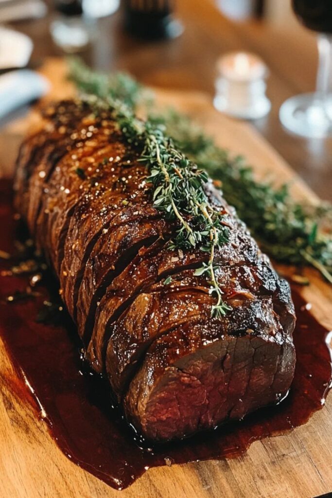 Sliced roast beef garnished with herbs on a wooden board, perfect for a gourmet dining experience.