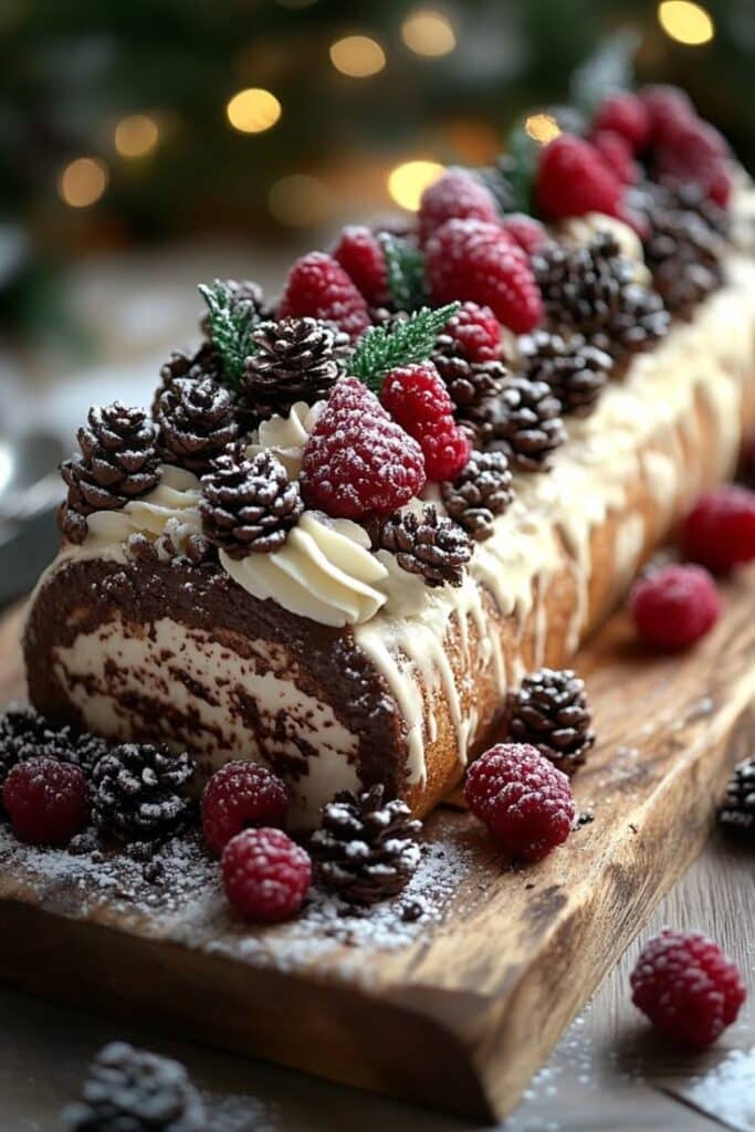 Festive Yule log cake with raspberries and pine cone decorations on a wooden board, perfect for Christmas dessert.