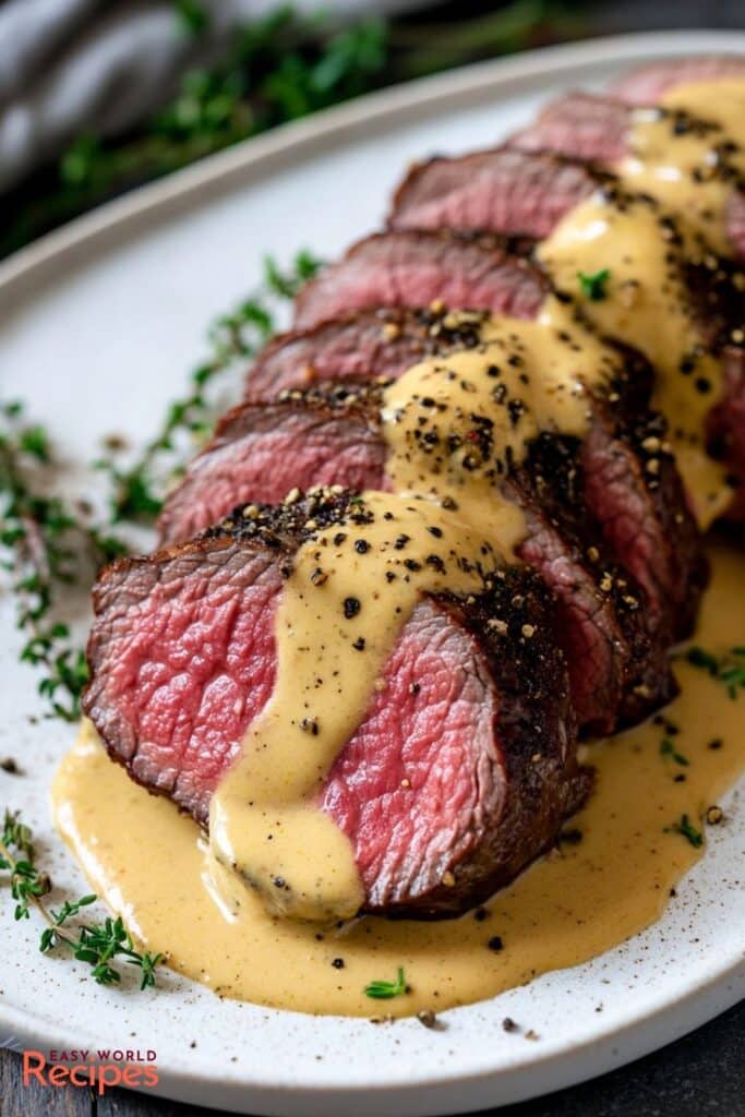 Sliced beef steak with peppercorn sauce on white plate, garnished with fresh herbs. Perfect for gourmet recipes.
