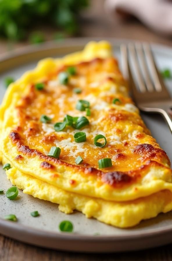 Cheesy omelette garnished with green onions on a plate with a fork. Perfect breakfast dish.