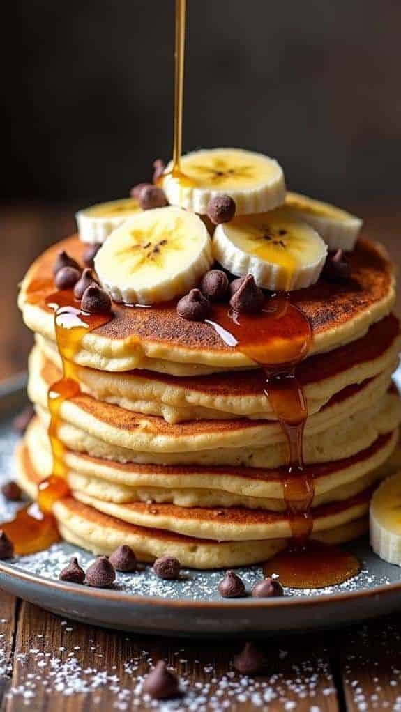 Stack of pancakes with banana slices, chocolate chips, and syrup drizzle on a plate.