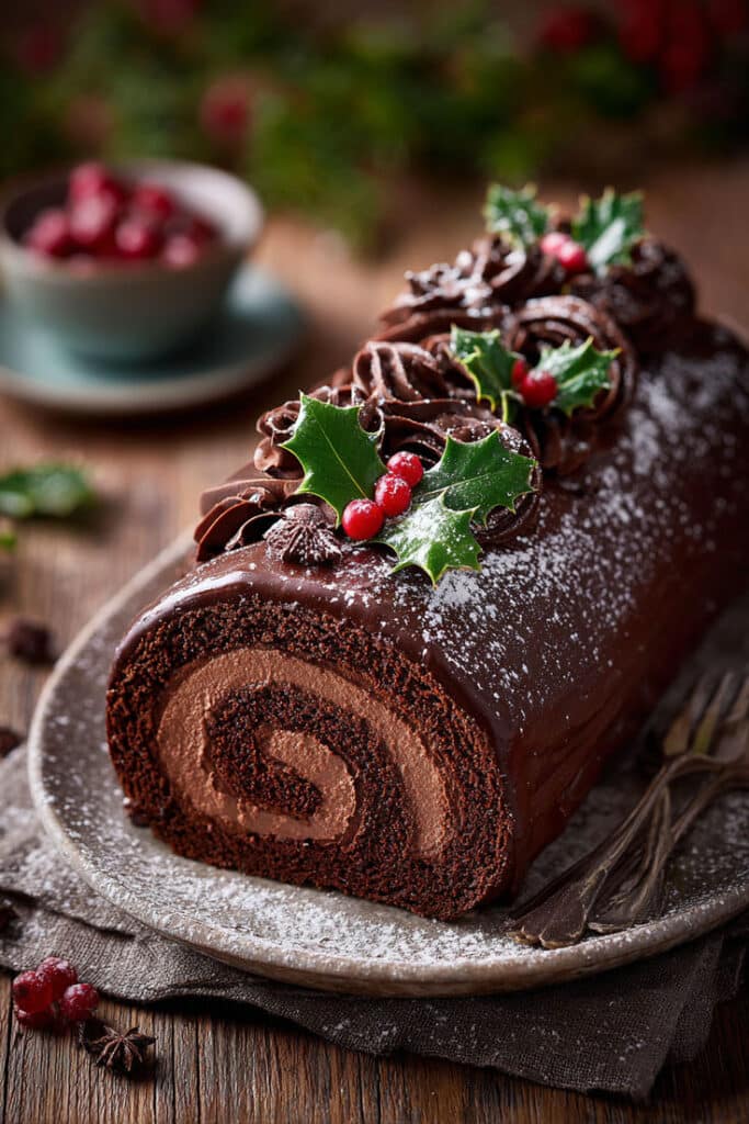 Chocolate Yule log cake with festive decorations, topped with holly leaves and red berries, dusted with powdered sugar.