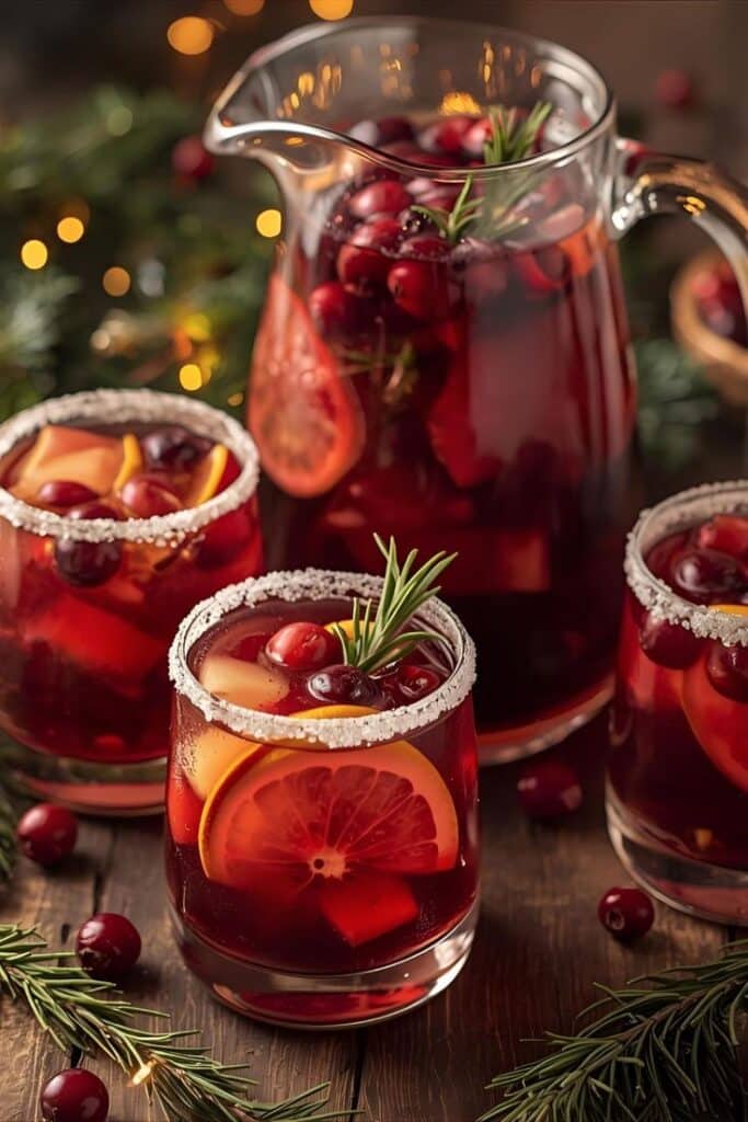 Festive holiday sangria with cranberries, oranges, and rosemary in glasses and a pitcher, surrounded by twinkling lights.