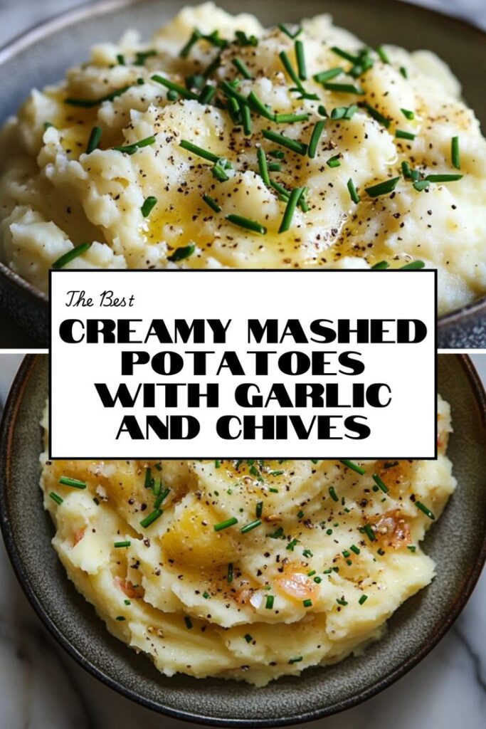 Creamy mashed potatoes with garlic and chives, seasoned with black pepper. Topped with fresh chives and melted butter.