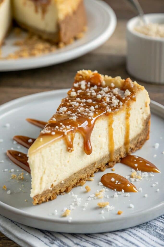 Slice of caramel cheesecake with crumbly base and sea salt on a plate.