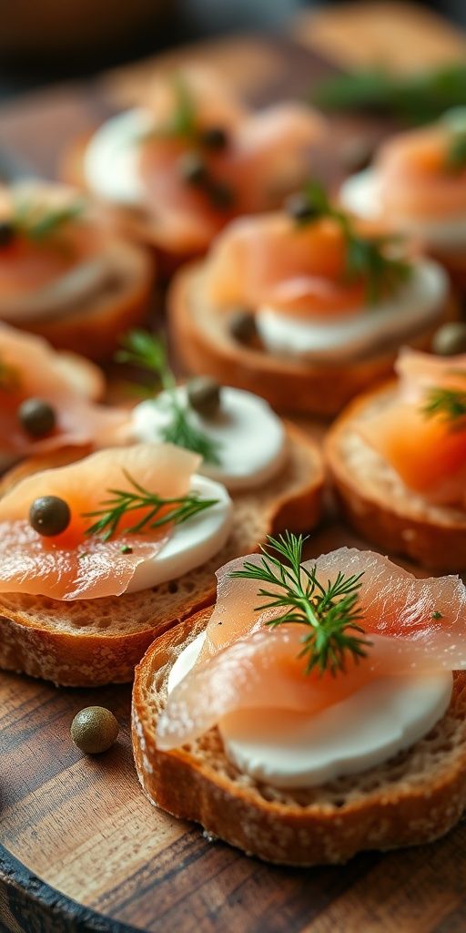Gourmet smoked salmon crostini with cream cheese, capers, and dill on a rustic wooden board. Perfect party appetizer.