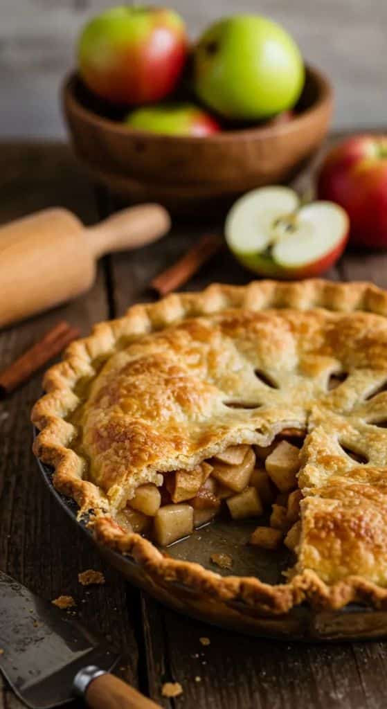 Easiest Apple Pie Recipe - Classic Homemade Apple Pie Recipe Delicious homemade apple pie with cinnamon, surrounded by fresh apples on a rustic wooden table.