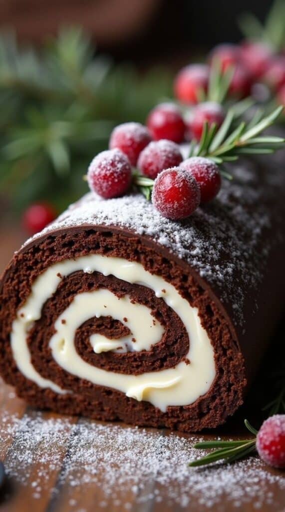 Festive chocolate Yule log with creamy filling, topped with cranberries and rosemary, dusted with powdered sugar.