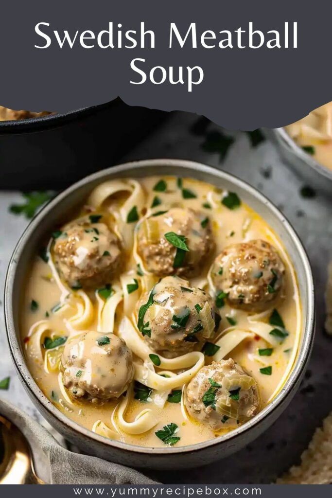 Bowl of creamy Swedish meatball soup with pasta, topped with herbs, perfect comfort food recipe.