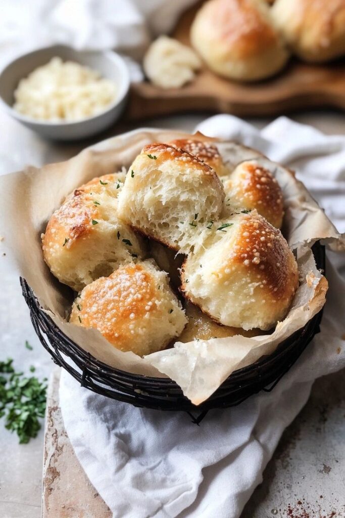 Garlic Parmesan Pull-Apart Rolls_ The Ultimate Crowd-Pleaser - Garlic Parmesan Pull-Apart Rolls Recipe Freshly baked garlic butter rolls topped with herbs in a basket on a rustic table setting.
