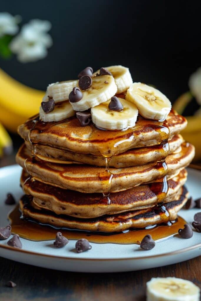 Stack of pancakes topped with banana slices, chocolate chips, and syrup on a white plate.