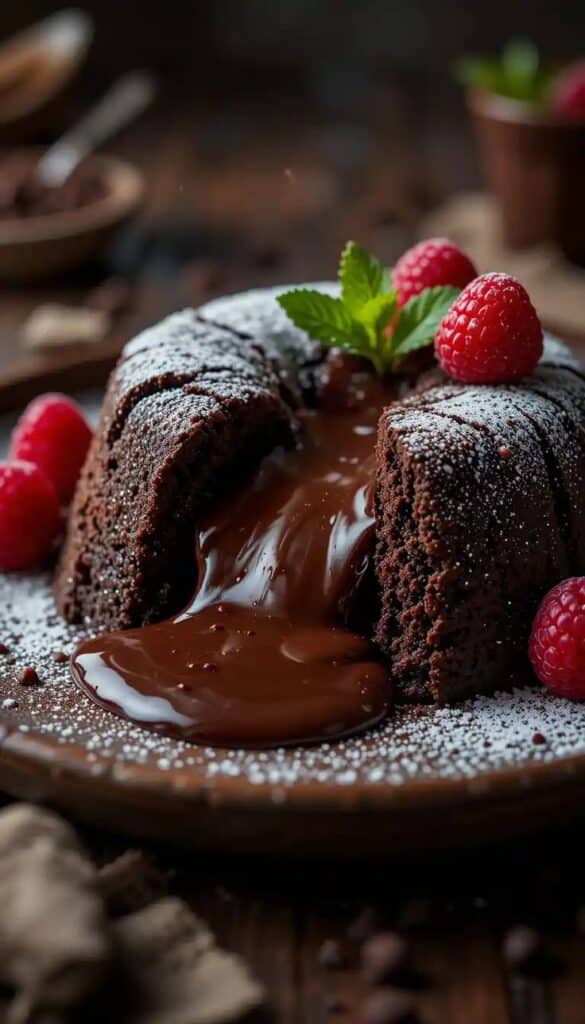 Decadent chocolate lava cake with melted center, garnished with fresh raspberries and mint leaves.