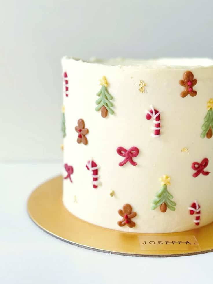 JOSEFFA CHRISTMAS CAKE - Festive Christmas Cake Decor Ideas Festive Christmas cake with colorful decorations: trees, candy canes, and gingerbread men on a golden base.
