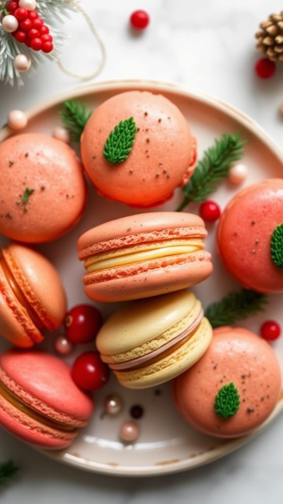Colorful macarons on a festive plate with sprigs and berries, perfect for a Christmas dessert spread.