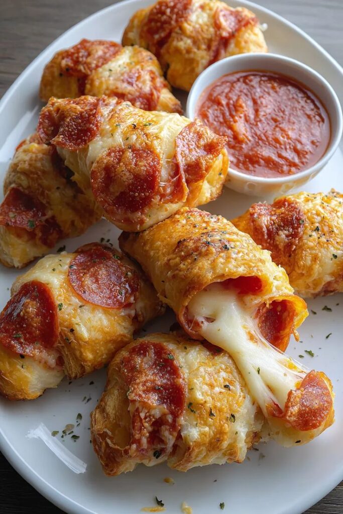 Cheesy pepperoni pizza rolls with a dipping sauce on a white plate, perfect for appetizers or snacks.