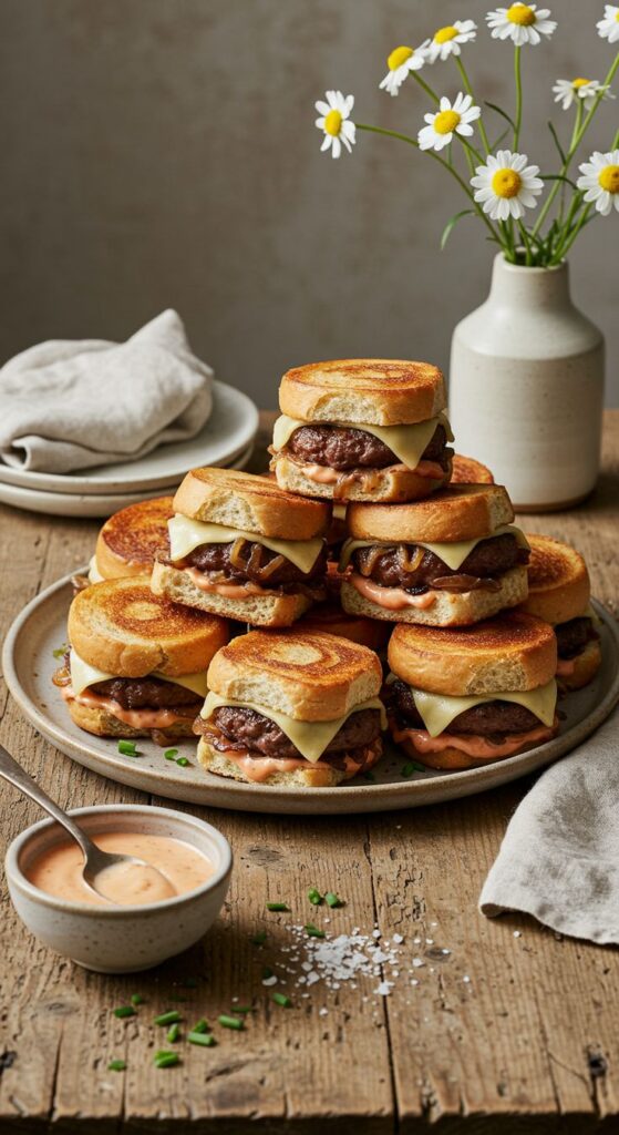 Mini cheeseburgers stacked on a plate with dipping sauce, rustic setting, flowers in a vase.