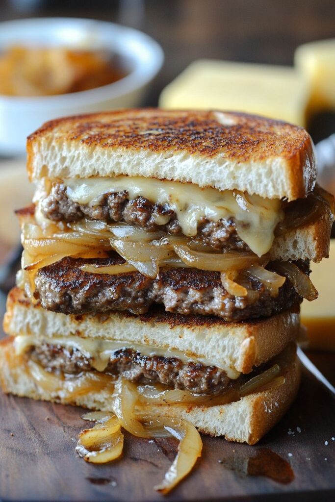 Grilled cheese patty melt with caramelized onions and melted cheese stacked on toasted bread.