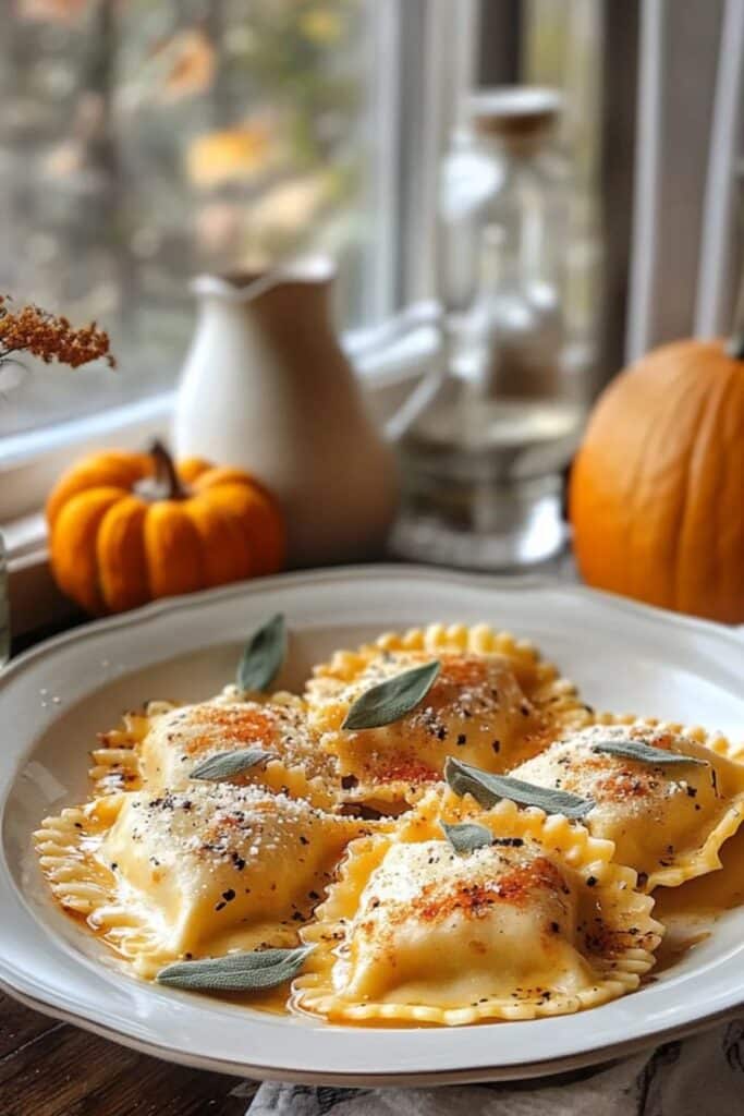 Pumpkin ravioli topped with sage and parmesan on a white plate, set by a window with autumn decor.