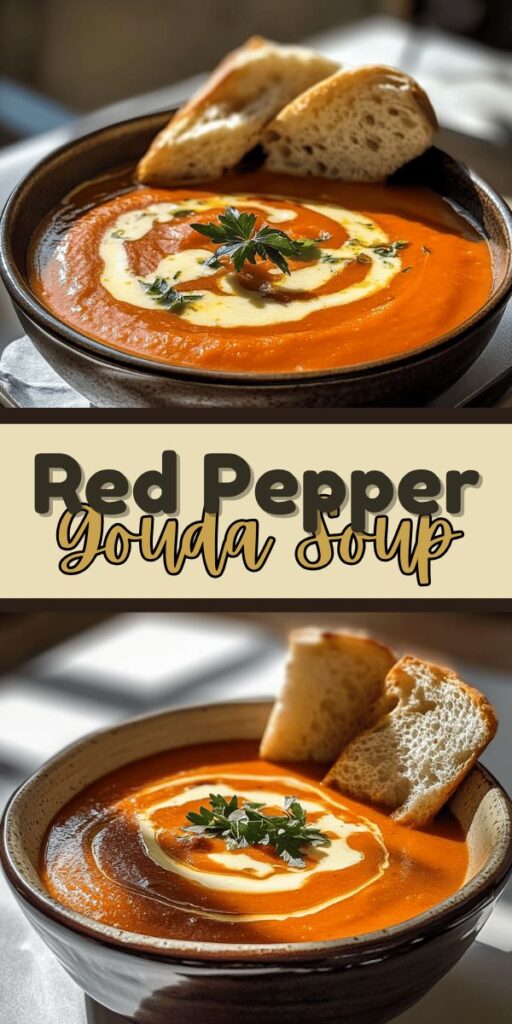 Bowl of creamy red pepper gouda soup topped with herbs, served with crusty bread slices.