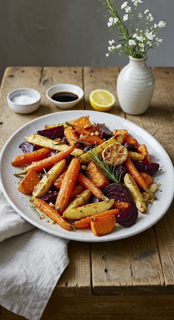 Roasted root vegetables including carrots, parsnips, and beets on a rustic plate with herbs and garlic.