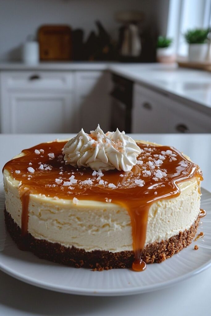 Decadent cheesecake topped with caramel sauce and whipped cream in a cozy kitchen setting.