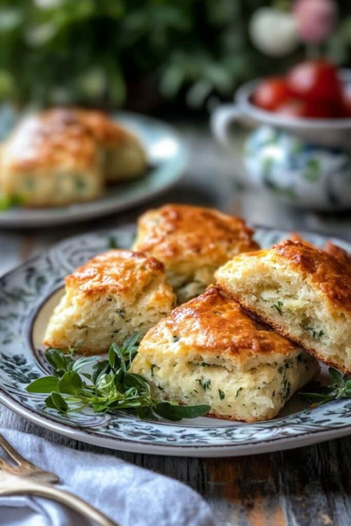 Flaky herb biscuits on a decorative plate, garnished with fresh greens, perfect for breakfast or brunch.