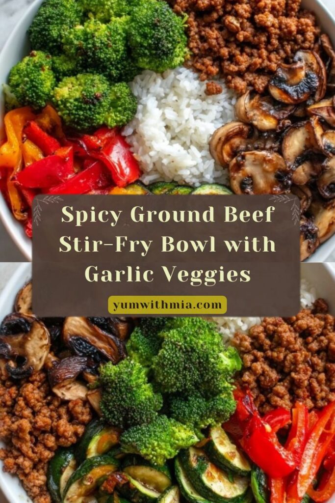 Spicy ground beef stir-fry bowl with broccoli, peppers, mushrooms, and rice. Delicious and colorful meal.