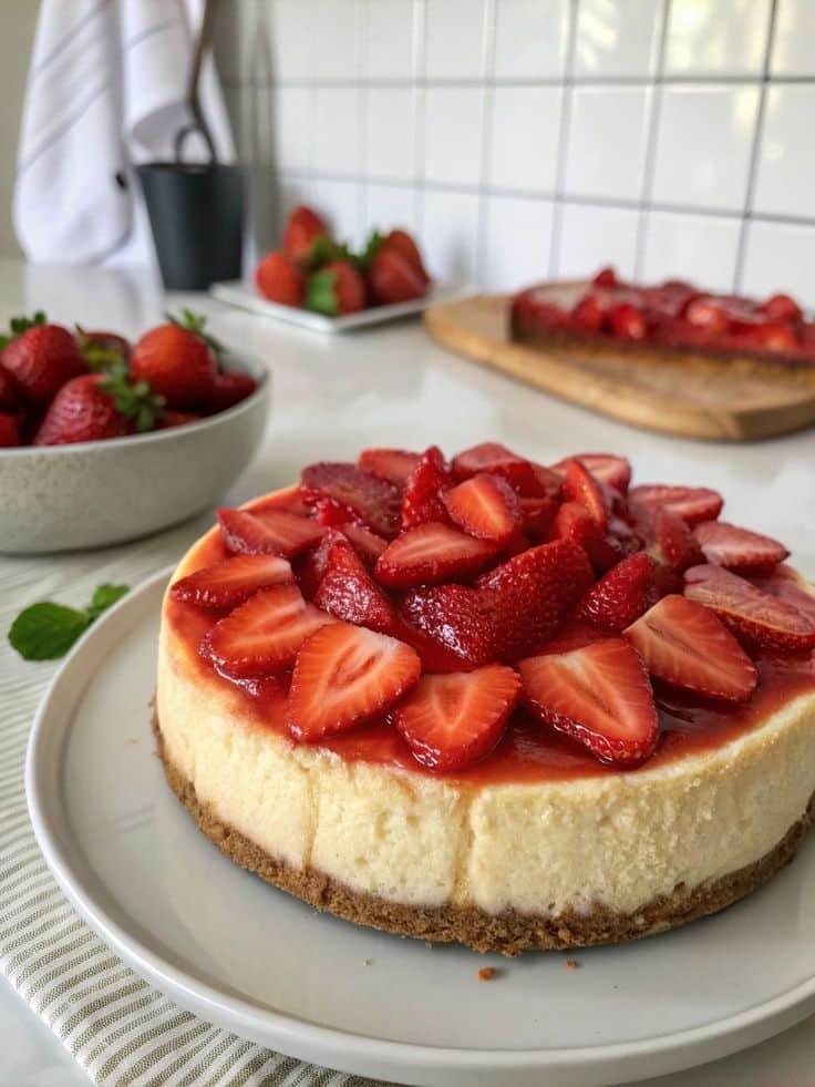 Cheesecake topped with fresh strawberries on a plate, surrounded by bowls of strawberries in a modern kitchen setting.