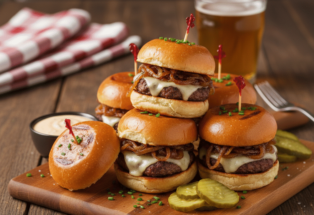 Sliders with melted cheese and grilled onions on a wooden board, served with pickles, sauce, and a glass of beer.