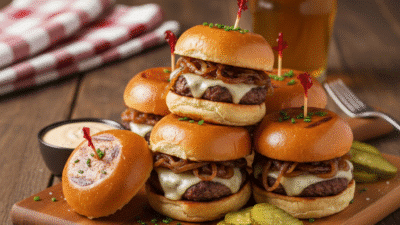 Sliders with melted cheese and grilled onions on a wooden board, served with pickles, sauce, and a glass of beer.