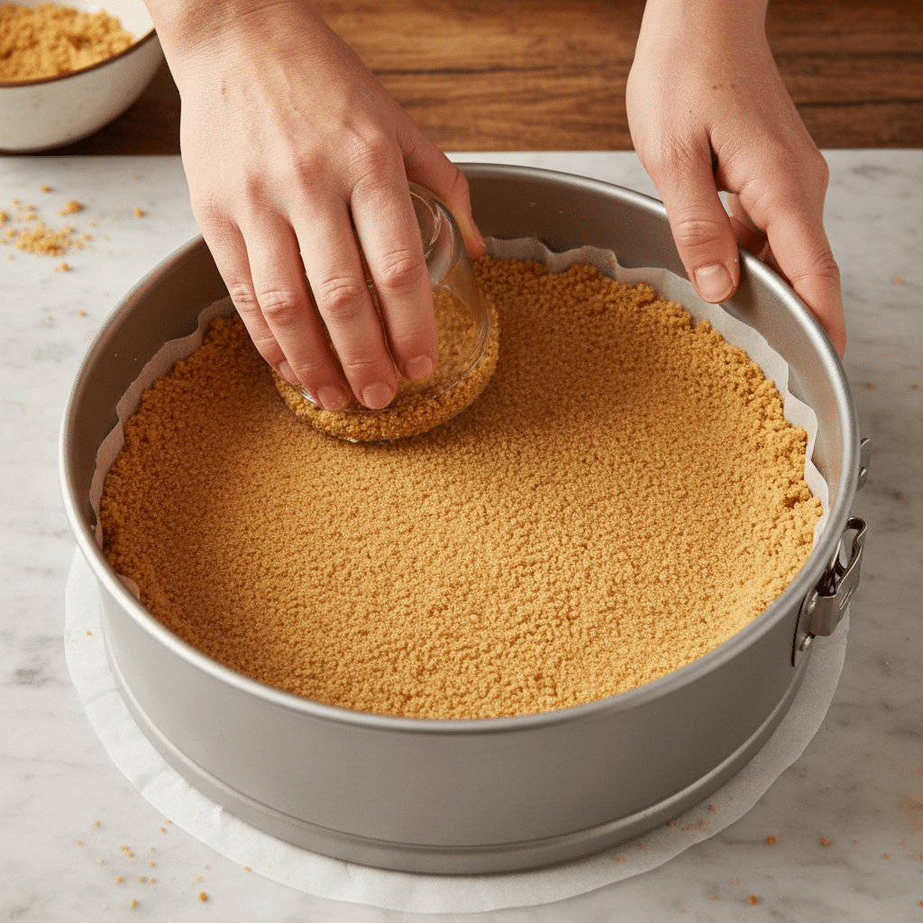 Hands pressing graham cracker crust into a springform pan for cheesecake preparation on a marble countertop.