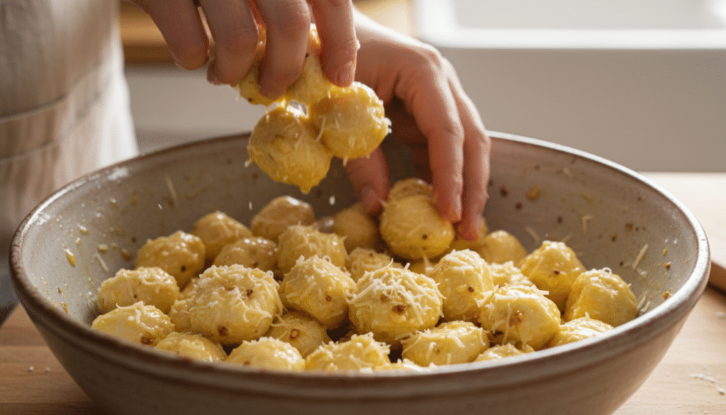 image - Garlic Parmesan Pull-Apart Rolls Recipe Hands preparing cheese balls in a large bowl, garnished with grated cheese for a savory snack.